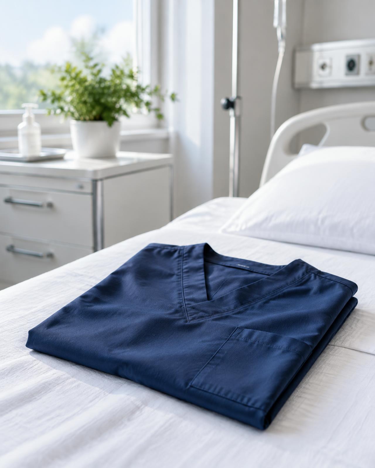 Editorial image: folded navy scrubs on white hospital bed linen