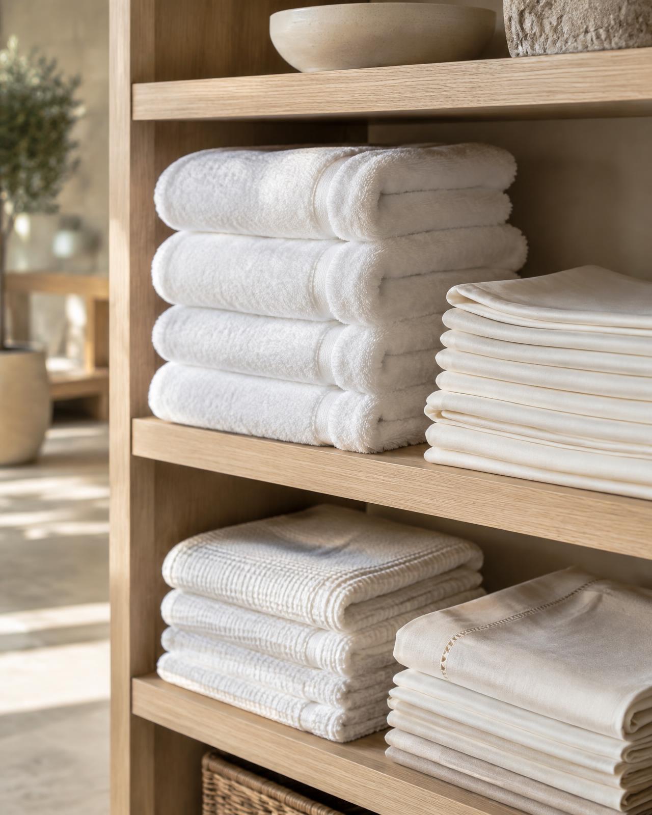 Editorial image: folded white towels and cream table linen on oak shelving